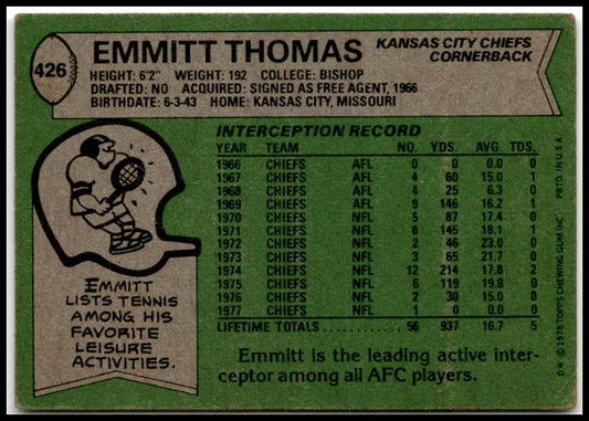 1978 Topps #426 Emmitt Thomas Kansas City Chiefs