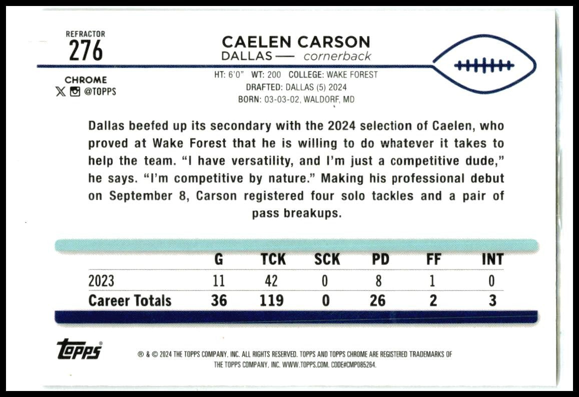 2024 Topps Chrome Refractor #276 Caelen Carson Rookie Dallas Cowboys