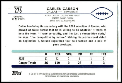2024 Topps Chrome Refractor #276 Caelen Carson Rookie Dallas Cowboys