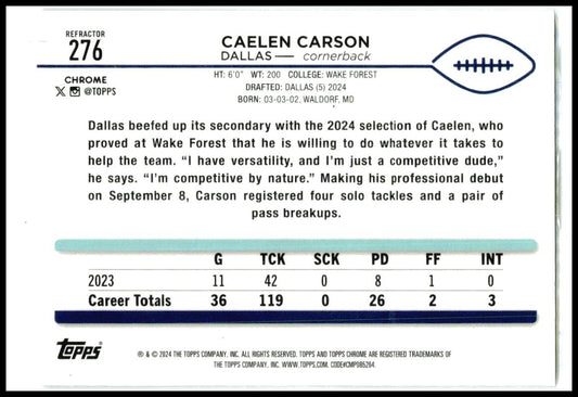 2024 Topps Chrome Refractor #276 Caelen Carson Rookie Dallas Cowboys