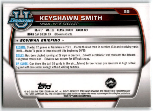2022 Bowman University Chrome Keyshawn Smith Miami Hurricanes #55