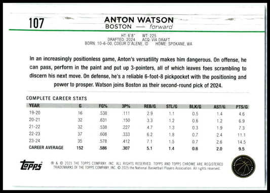 2024-25 Topps Chrome #107 Anton Watson Rookie Boston Celtics