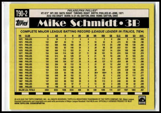 2025 Topps 1990 Topps Baseball 35th Anniversary #T90-2 Mike Schmidt Phillies