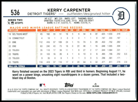 2024 Topps #536 Kerry Carpenter Detroit Tigers