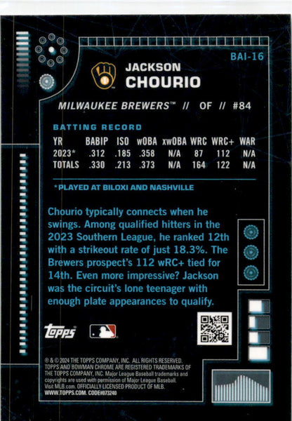 2024 Bowman Chrome A.I. #BAI-16 Jackson Chourio Milwaukee Brewers