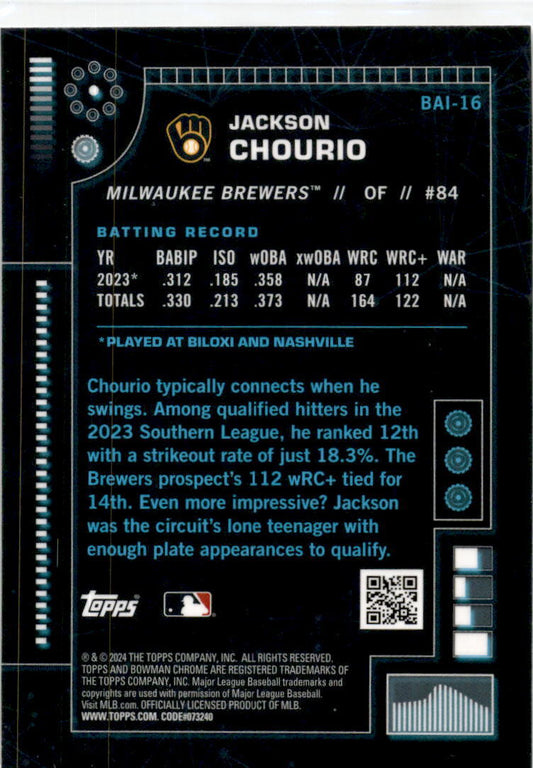 2024 Bowman Chrome A.I. #BAI-16 Jackson Chourio Milwaukee Brewers