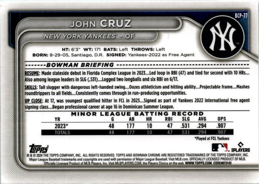 2024 Bowman Chrome Prospects Mojo Refractors #BCP-77 John Cruz New York Yankees