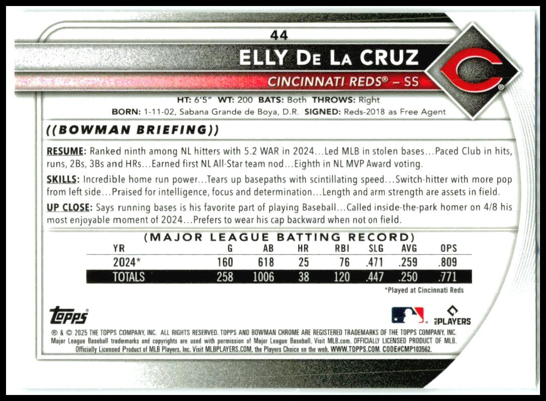 2025 Bowman Chrome Mojo Refractor #44 Elly De La Cruz Cincinnati Reds