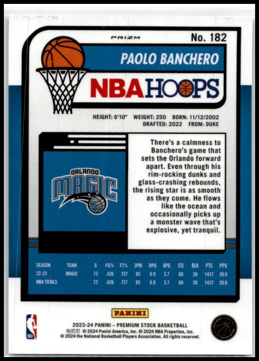 2023-24 Hoops Premium Stock Silver Prizm #182 Paolo Banchero Orlando Magic