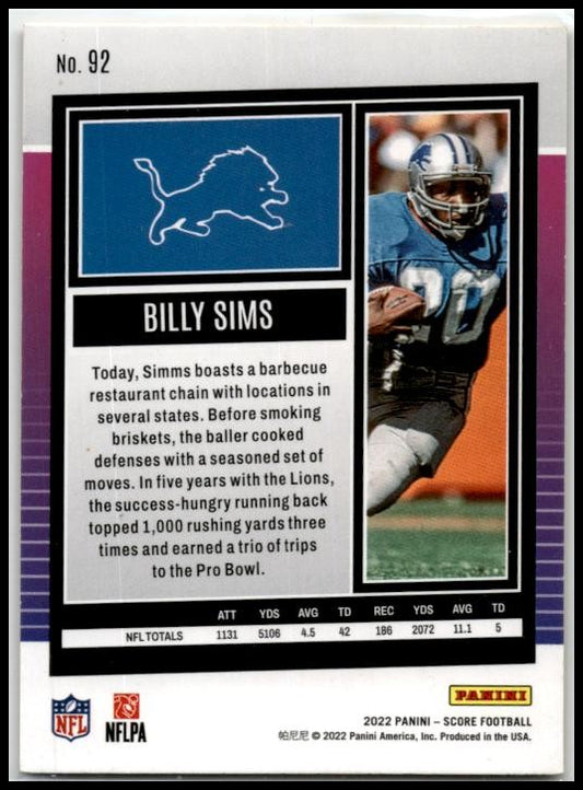 2022 Score Gold #92 Billy Sims Detroit Lions