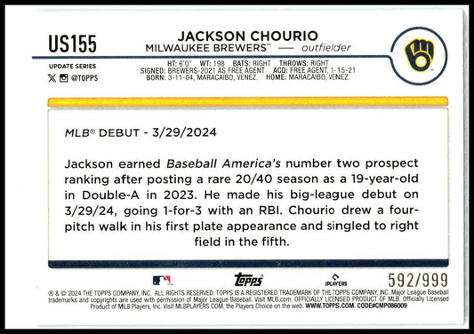2024 Topps Update Blue Holofoil #US155 Jackson Chourio #/999 Milwaukee Brewers