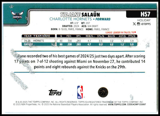 2025-26 Topps Holiday Light Blue Glitter Holiday #H57 Thomas Sorber Rookie