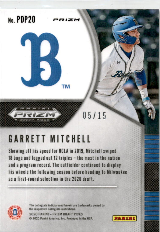 2020 Panini Prizm Draft Picks #PDP20 Garrett Mitchell Milwaukee Brewers / UCLA