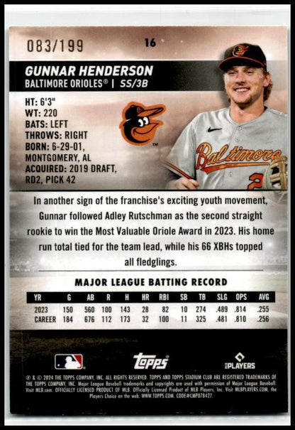 2024 Stadium Club Green Foil #16 Gunnar Henderson #/199 Baltimore Orioles