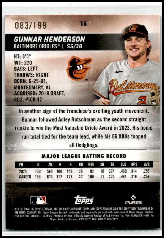 2024 Stadium Club Green Foil #16 Gunnar Henderson #/199 Baltimore Orioles