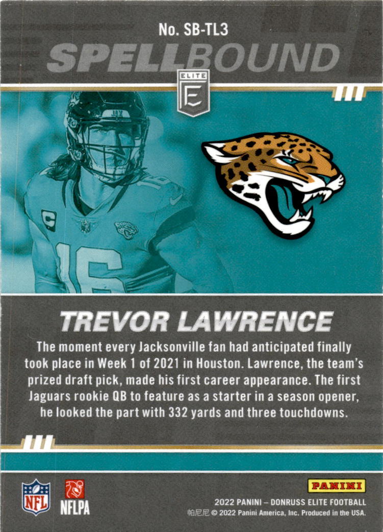 2022 Donruss Elite Spellbound Green #SB-TL3 Trevor Lawrence Jacksonville Jaguars