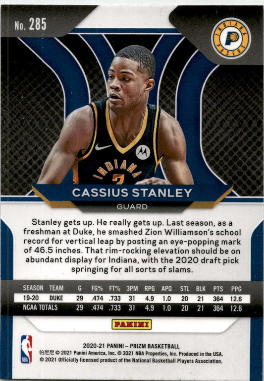 2020-21 Panini Prizm #285 Cassius Stanley Rookie Indiana Pacers