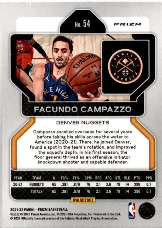2021-22 Panini Prizm Silver #54 Facundo Campazzo Denver Nuggets