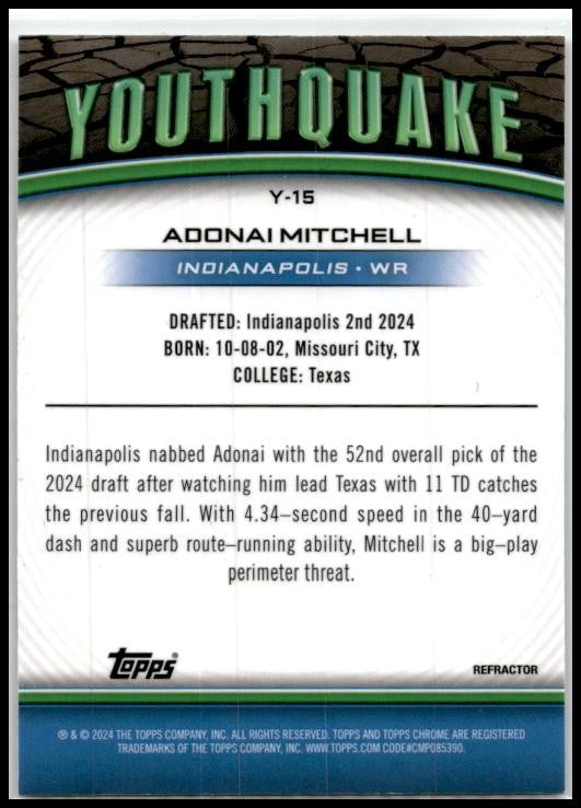 2024 Topps Chrome Youthquake Refractor #Y-15 Adonai Mitchell Indianapolis Colts