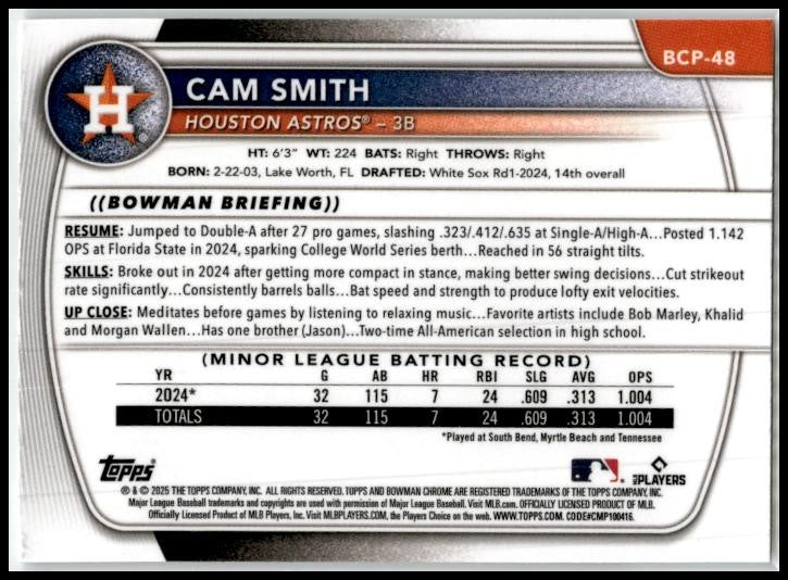 2025 Bowman Chrome Prospects #BCP-48 Cam Smith Houston Astros