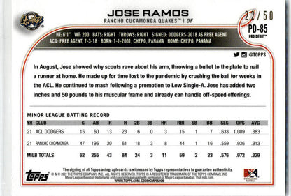 2022 Topps Pro Debut #PD-85 Jose Ramos Auto 22/50 Rancho Cucamonga Quakes