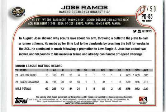 2022 Topps Pro Debut #PD-85 Jose Ramos Auto 22/50 Rancho Cucamonga Quakes