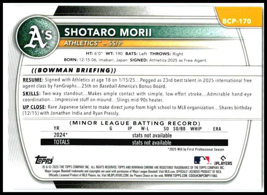 2025 Bowman Chrome Image Variation #BCP-170 Shotaro Morii Oakland Athletics