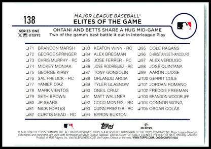 2024 Topps Aqua #138 Elites of the Game: Ohtani and Betts Share a Hug Mid-Game