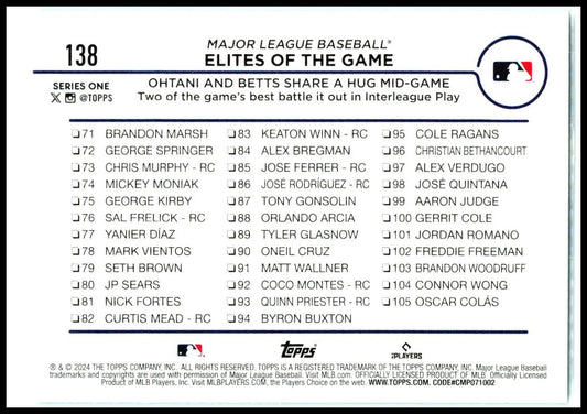 2024 Topps Aqua #138 Elites of the Game: Ohtani and Betts Share a Hug Mid-Game