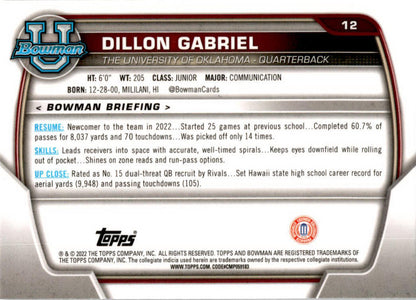 2022 Bowman University Chrome #12 Dillon Gabriel Oklahoma Sooners