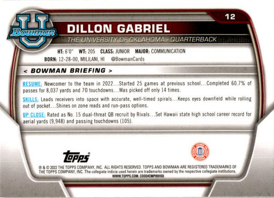 2022 Bowman University Chrome #12 Dillon Gabriel Oklahoma Sooners