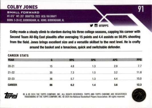 2023-24 Topps Chrome Basketball #91 Colby Jones Rookie Sacramento Kings