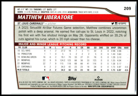 2023 Topps Big League Rainbow Foil #209 Matthew Liberatore Rookie St. Louis