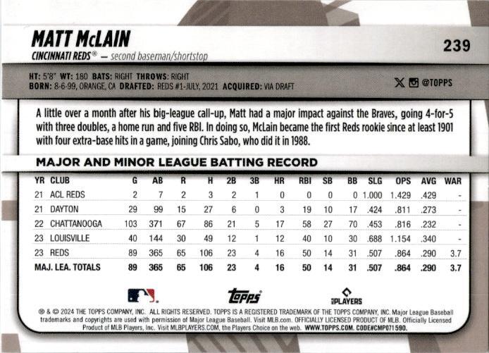 2024 Topps Big League Rainbow Foil #239 Matt McLain Cincinnati Reds