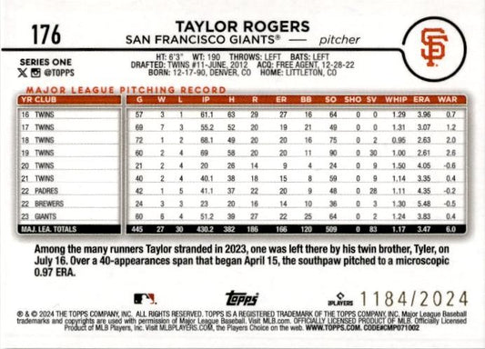 2024 Topps Gold #176 Taylor Rogers #/2024 San Francisco Giants