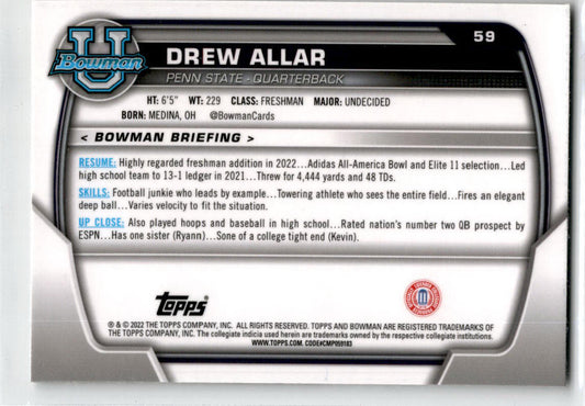2022 Bowman University Chrome #59 Drew Allar RC Penn State Nittany Lions
