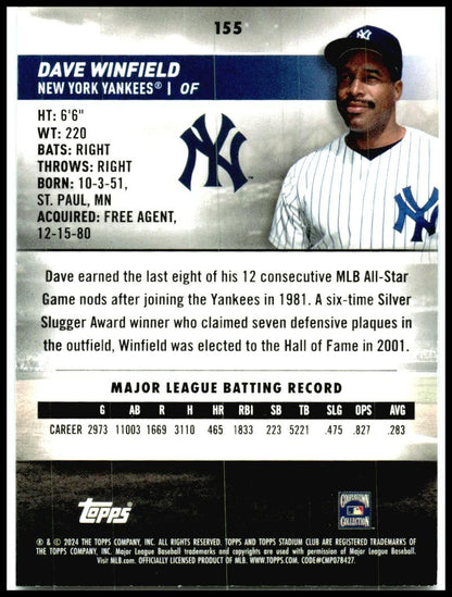 2024 Stadium Club #155 Dave Winfield New York Yankees