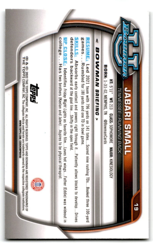 2022 Bowman University Chrome Jabari Snmall Tennessee Volunteers #19