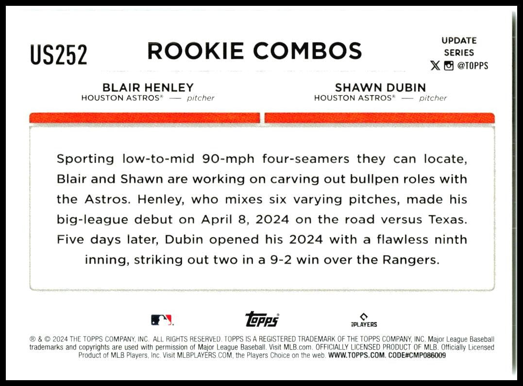 2024 Topps Update #US252 Blair Henley / Shawn Dubin RCOM Houston Astros