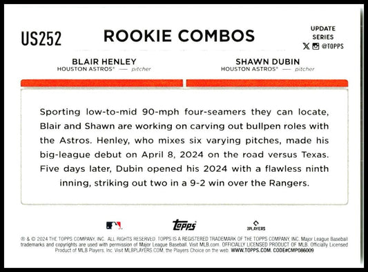 2024 Topps Update #US252 Blair Henley / Shawn Dubin RCOM Houston Astros