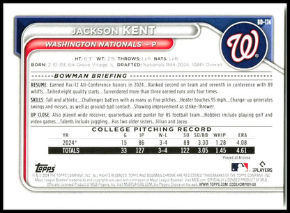 2024 Bowman Draft #BD-174 Jackson Kent Washington Nationals
