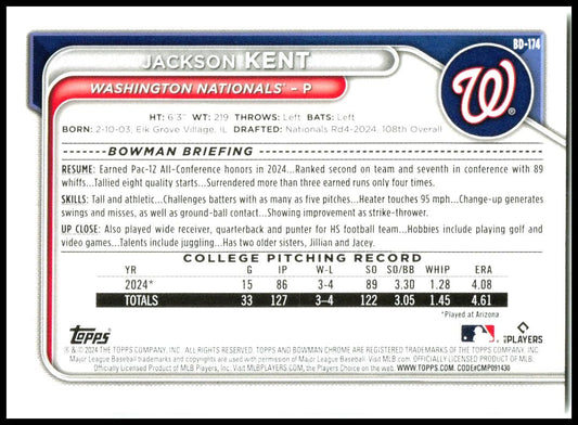 2024 Bowman Draft #BD-174 Jackson Kent Washington Nationals