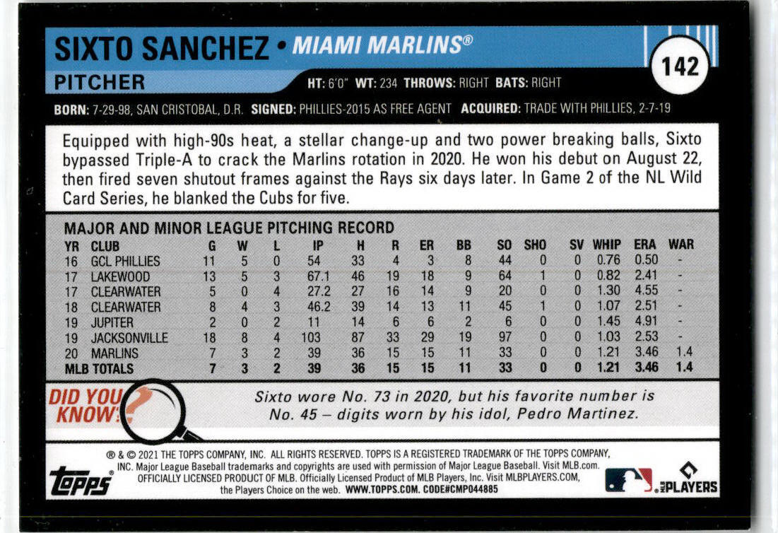 2021 Topps Big League #142 Sixto Sanchez RC Miami Marlins