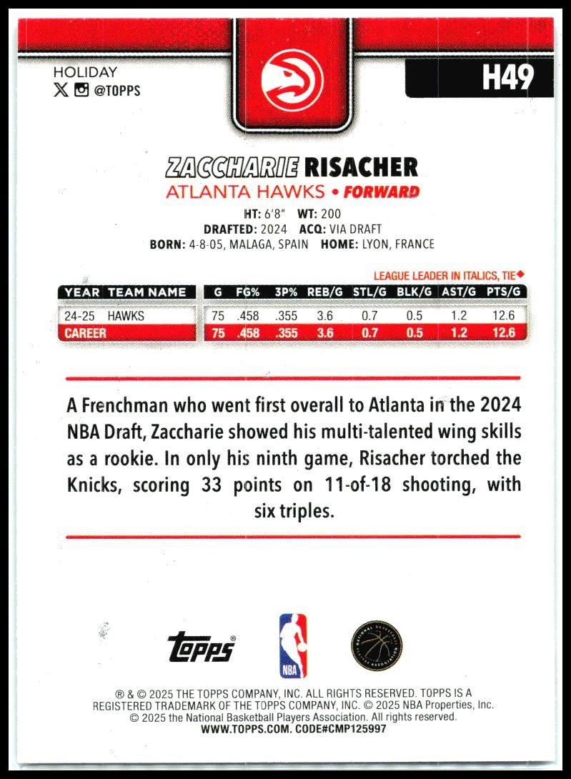 2025-26 Topps Holiday Glitter Holiday #H49 Zaccharie Risacher Atlanta Hawks