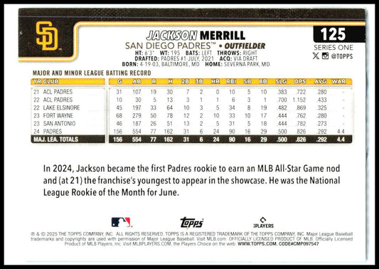 2025 Topps Diamante Foil #125 Jackson Merrill San Diego Padres
