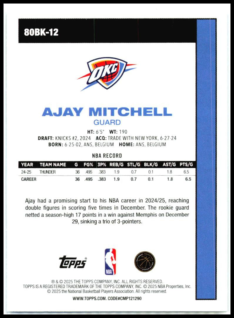 2025-26 Topps 1980-81 Topps Basketball #80BK-12 Ajay Mitchell Thunder