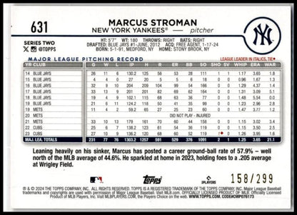 2024 Topps Orange Crackle Foil #631 Marcus Stroman #/299 New York Yankees