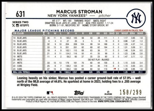 2024 Topps Orange Crackle Foil #631 Marcus Stroman #/299 New York Yankees