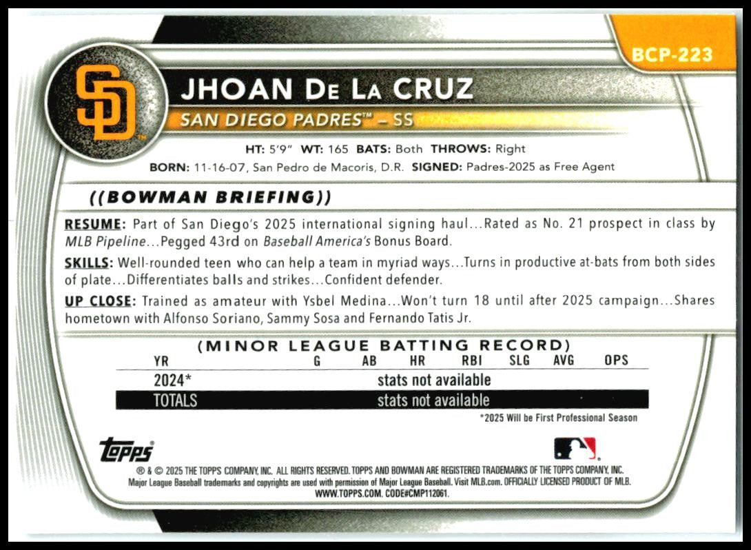 2025 Bowman Chrome #BCP-223 Jhoan De La Cruz Paders