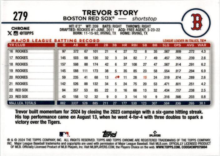 2024 Topps Chrome Gold Raywave Refractors #279 Trevor Story #/50 Boston Red Sox